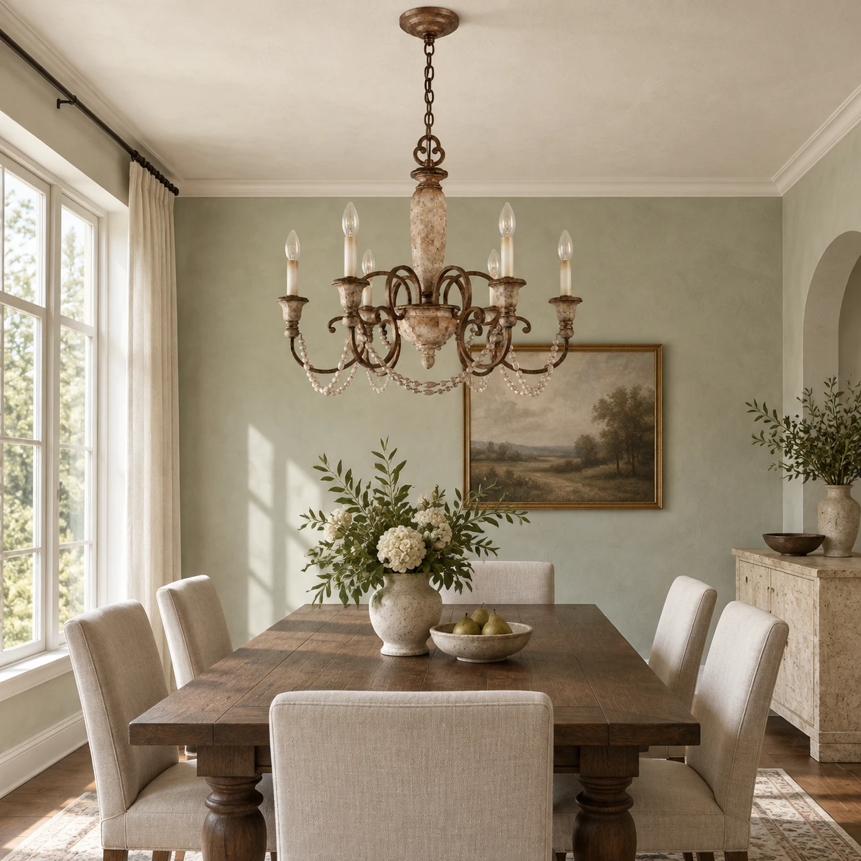 Six-light carved wood chandelier above a walnut dining table in a pale sage dining room