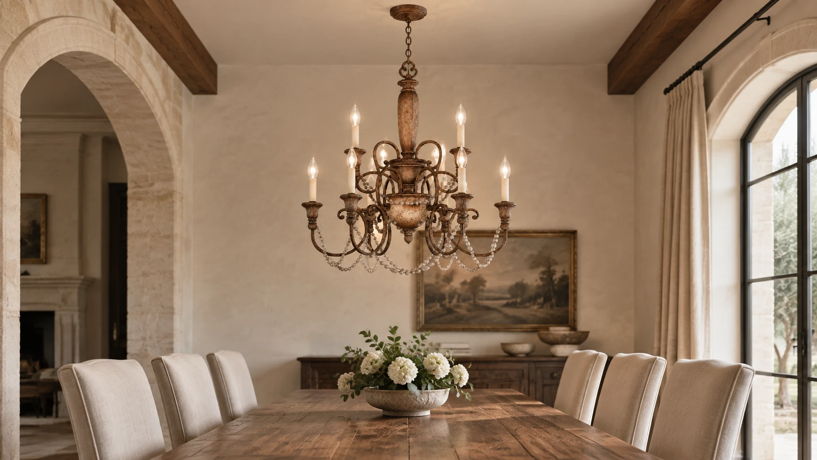 Clara retro eight-light carved wood chandelier above a vintage dining table