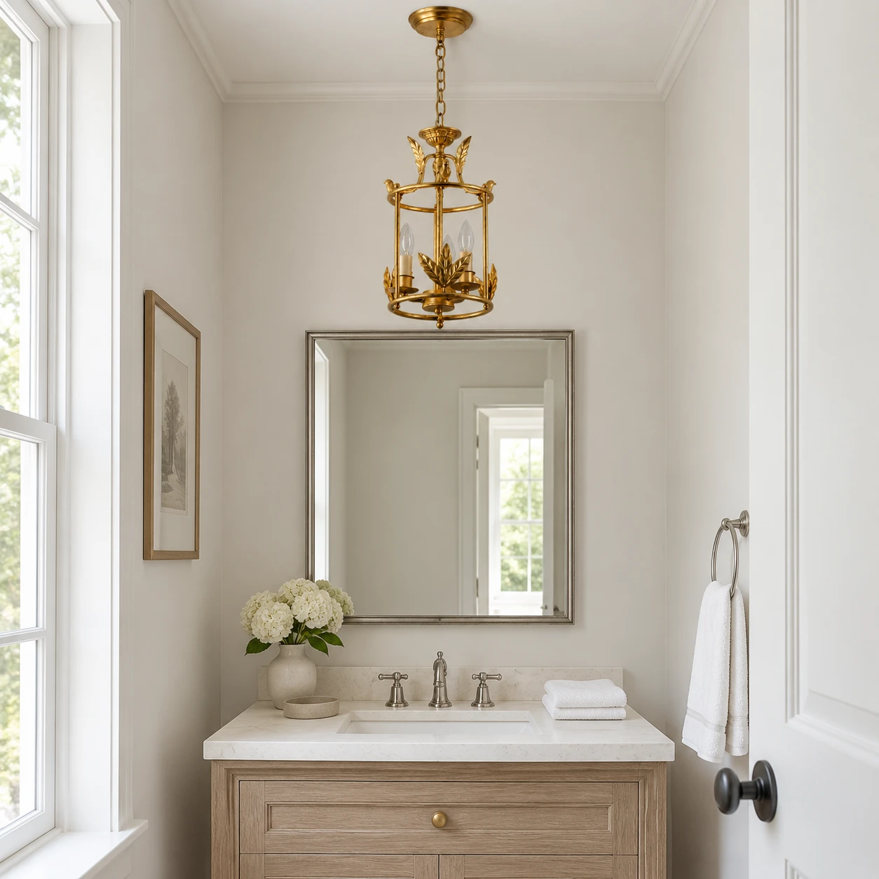 Margot three-light cage chandelier above a compact powder-room washstand