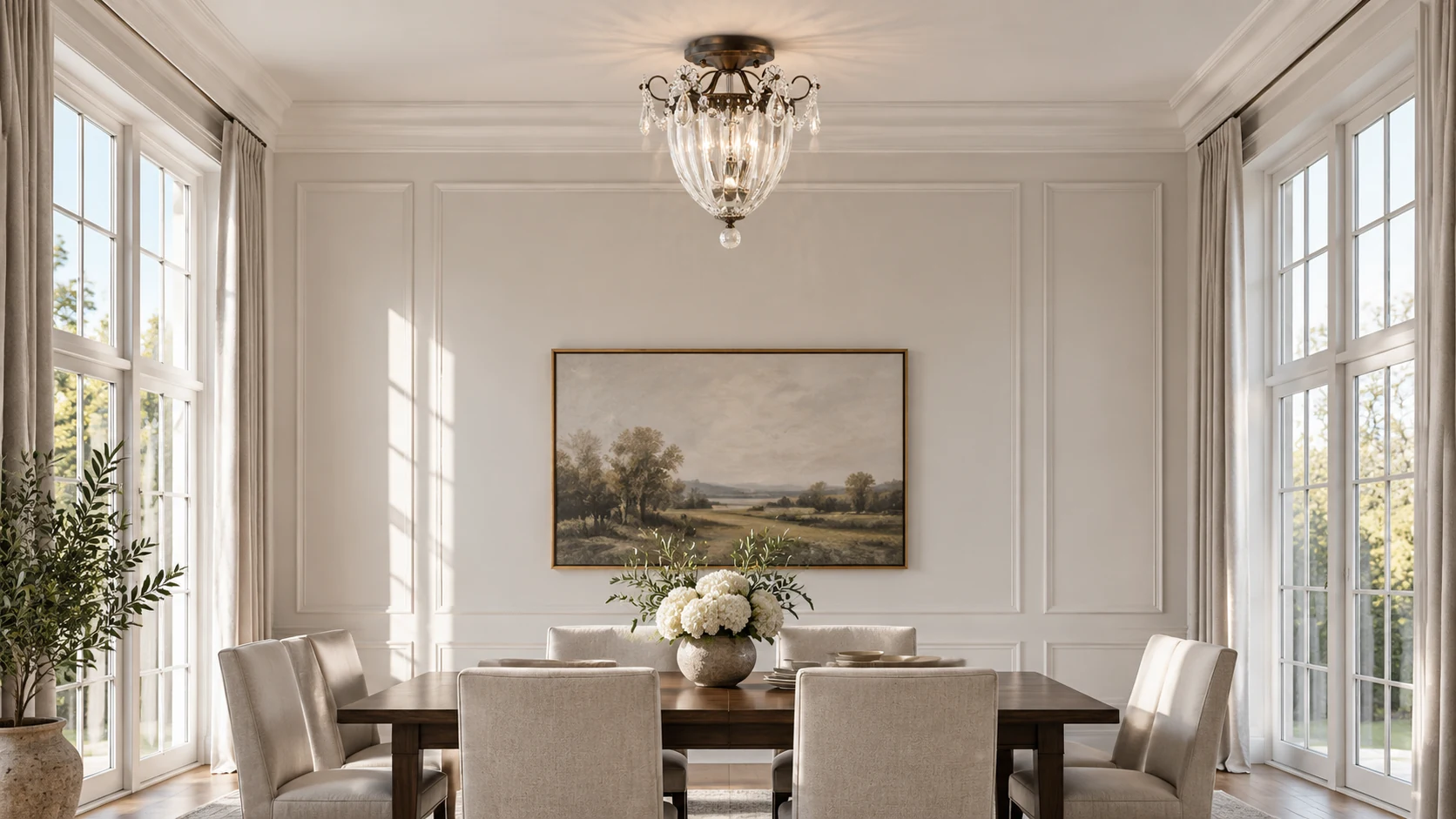 Elise Vintage Floral Crystal Semi-Flush Chandelier in a high-ceiling dining room