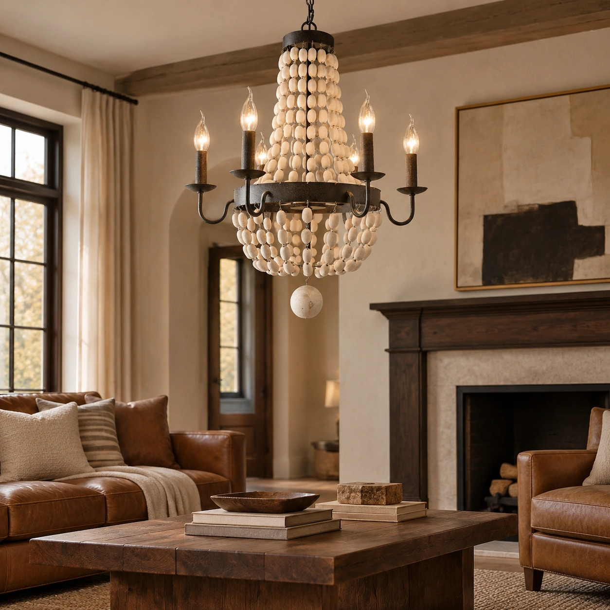 Hazel wood bead chandelier in a rustic living room