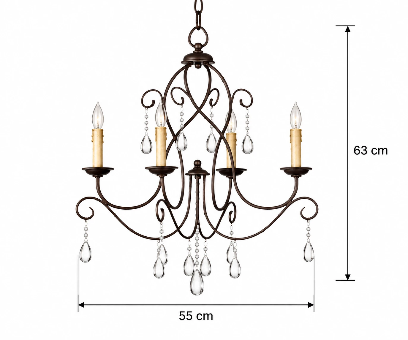 Verified chandelier dimensions: 55 cm diameter and 63 cm high