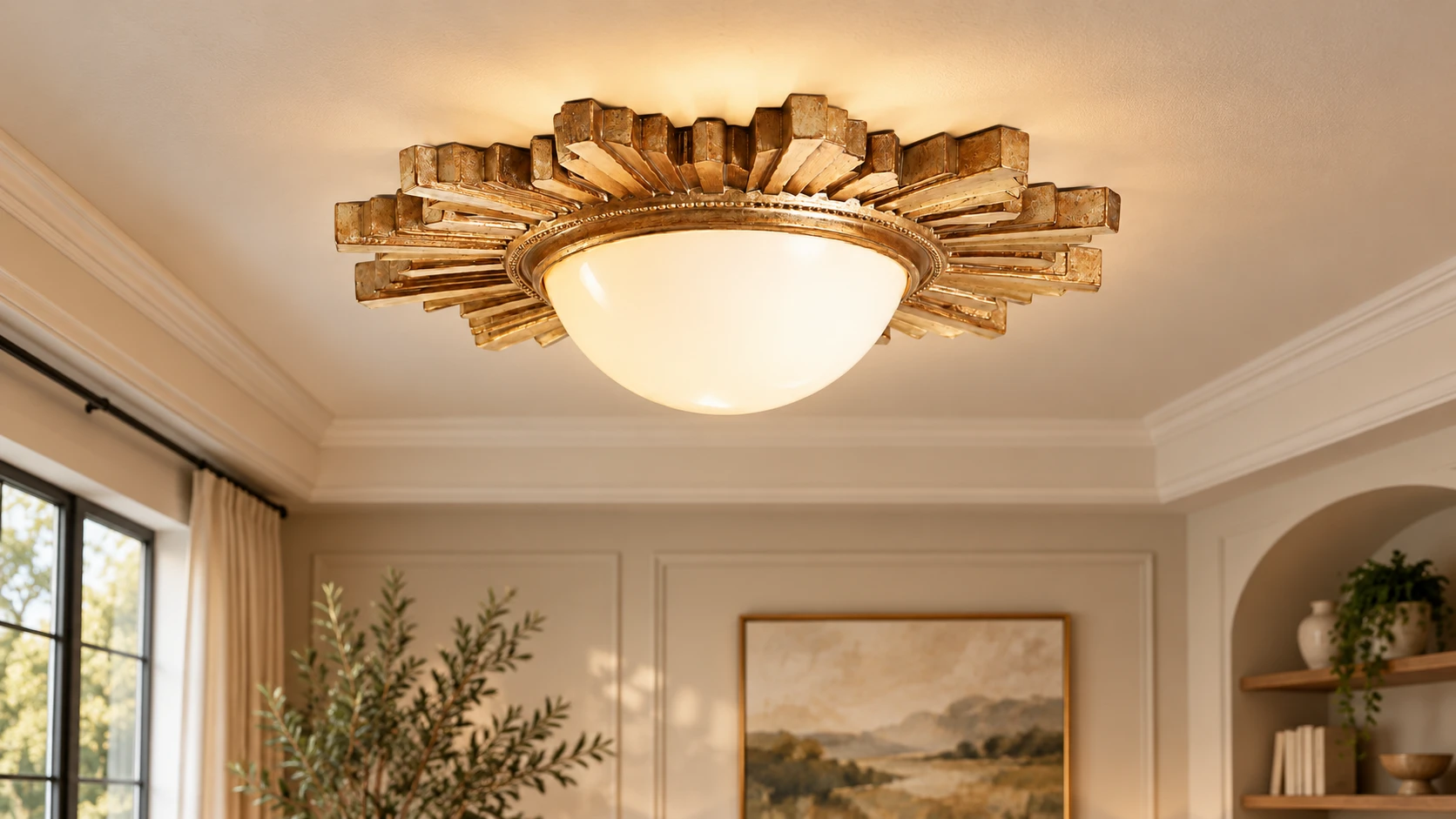 Elodie French Crystal Wood Ceiling Light in a residential interior