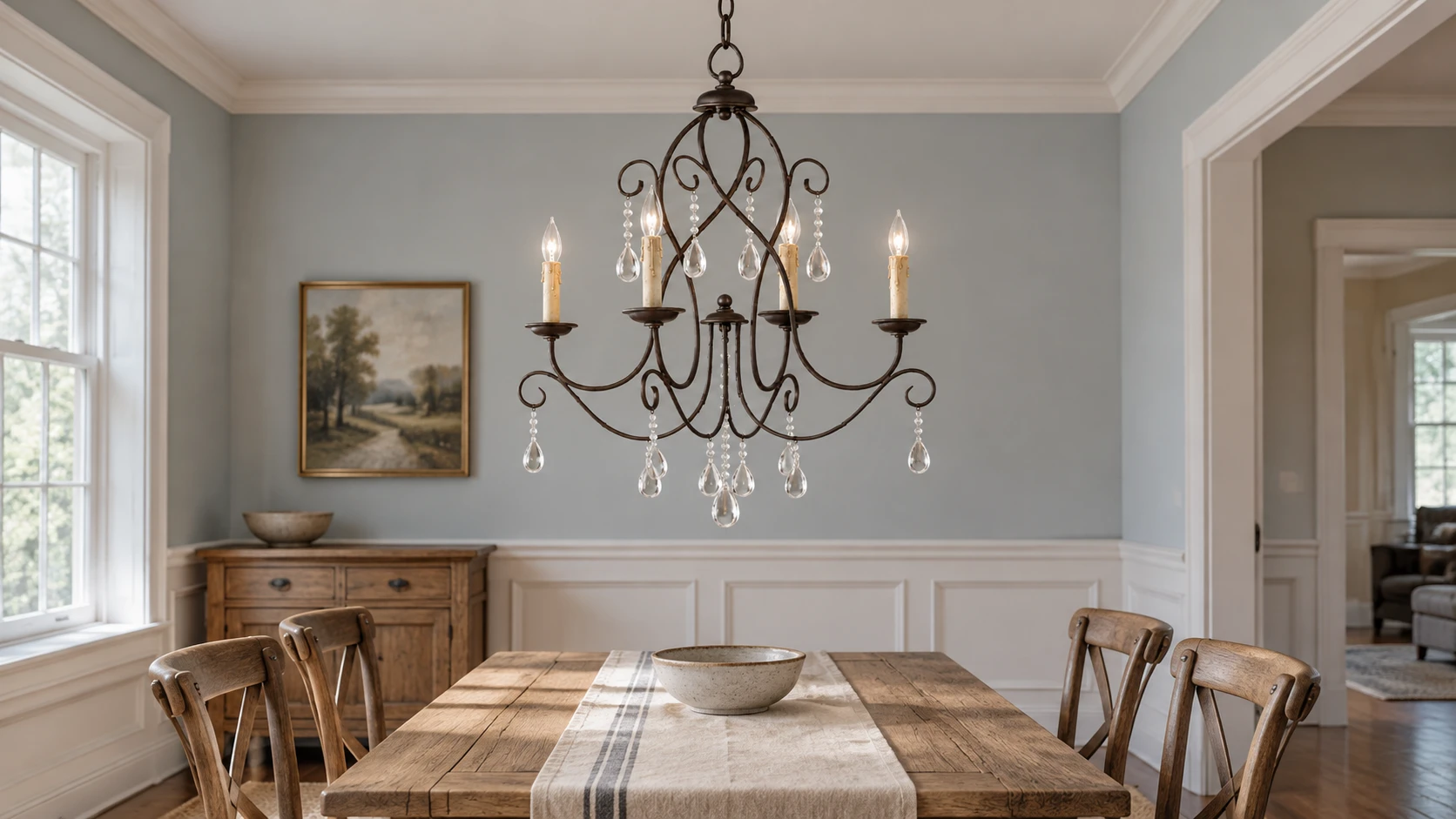 Four-light iron and crystal chandelier above a dining table