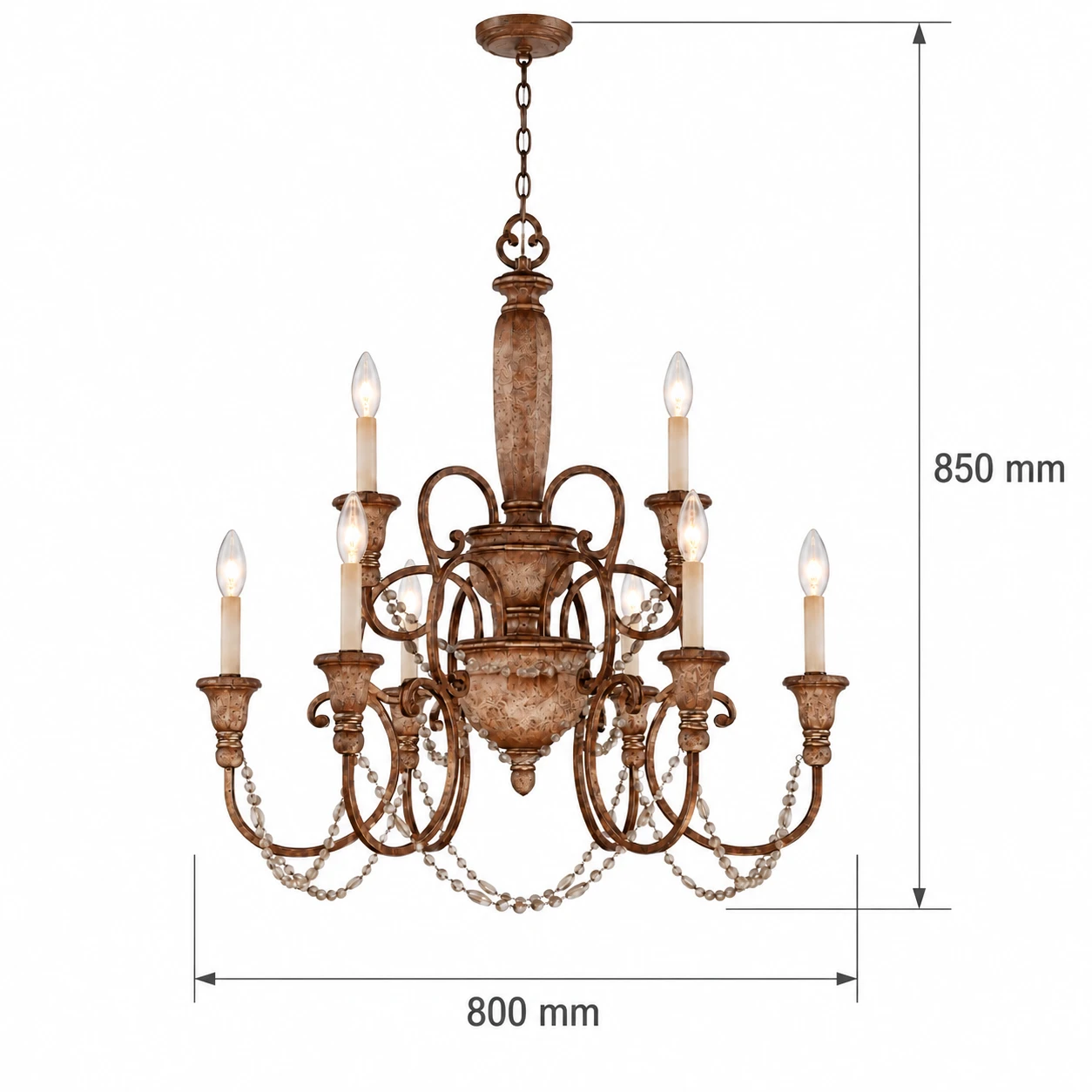 Clara eight-light chandelier dimensions: 850 mm overall height and 800 mm diameter