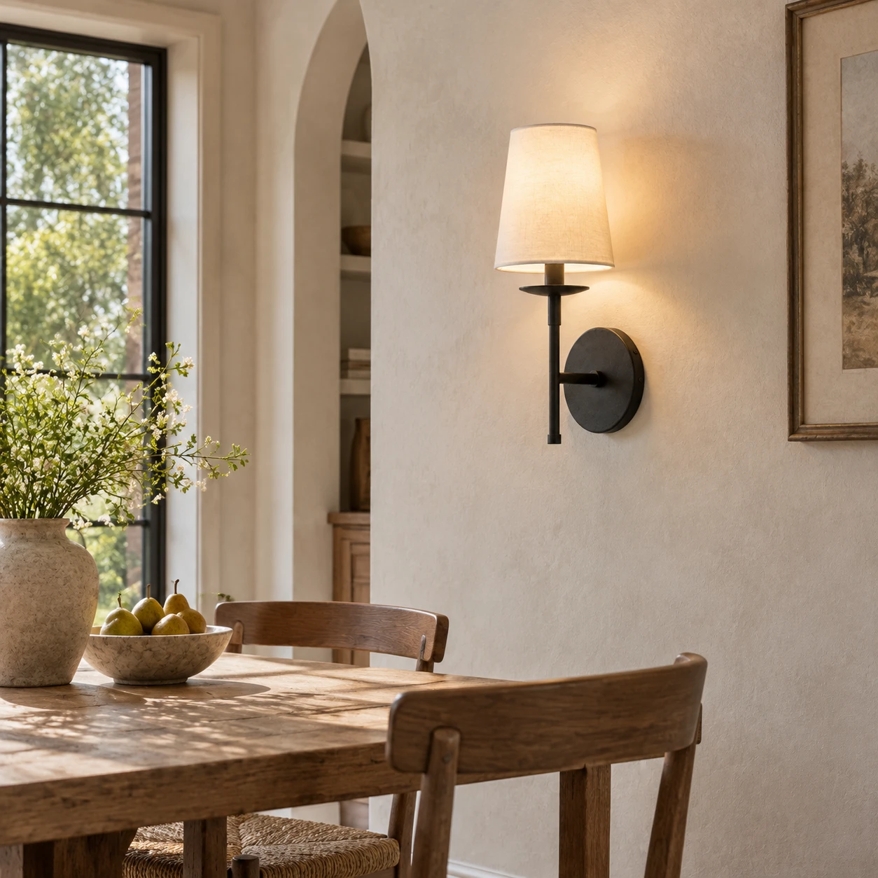 American Rustic wall sconce on a dining room wall