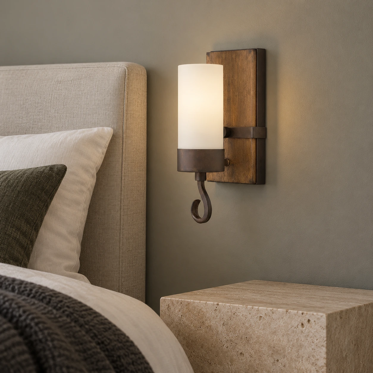 Carved wood wall sconce beside a linen headboard in a muted bedroom