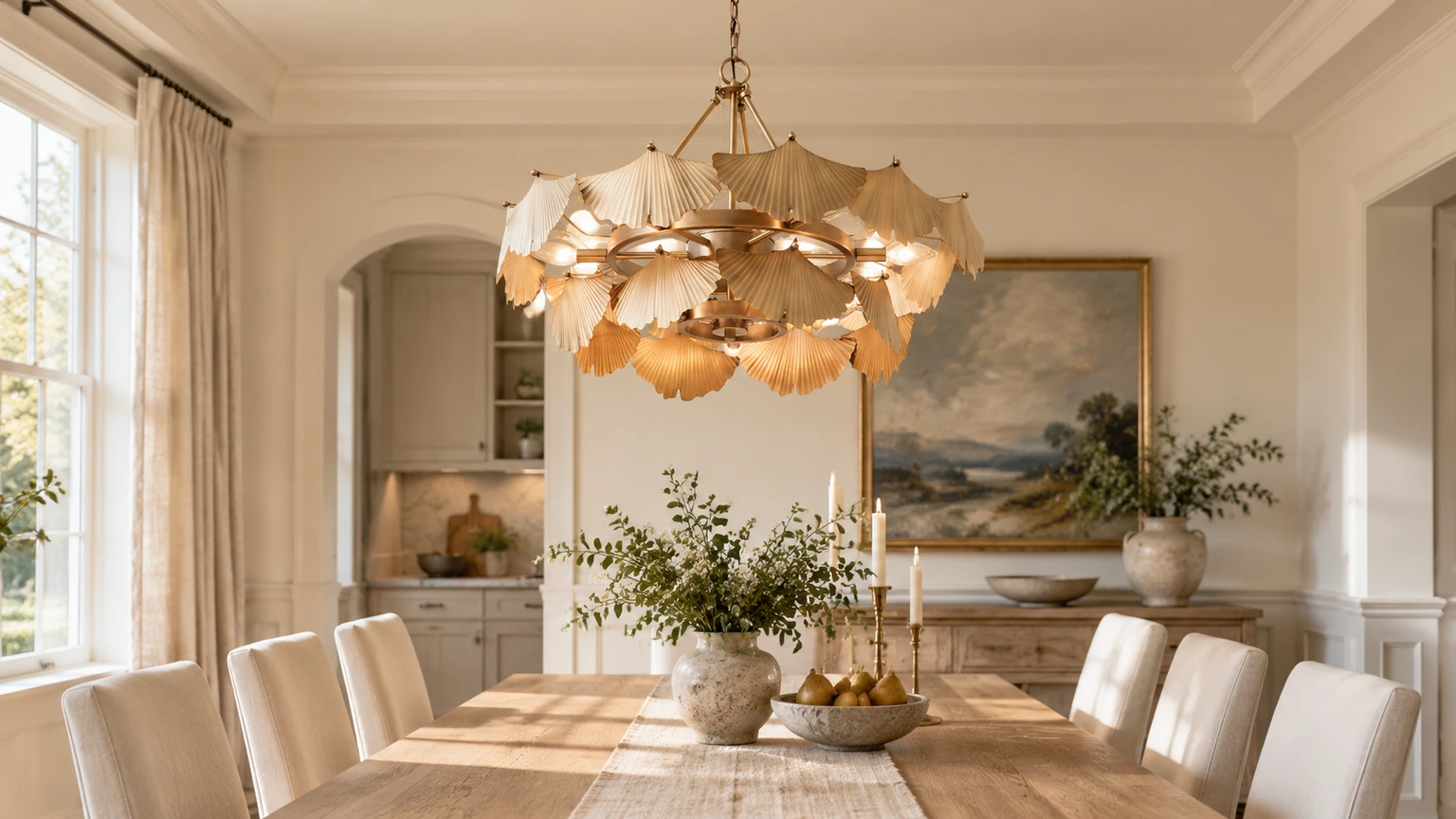 Lina vintage-copper ginkgo-leaf chandelier above a dining table in a bright French-influenced room