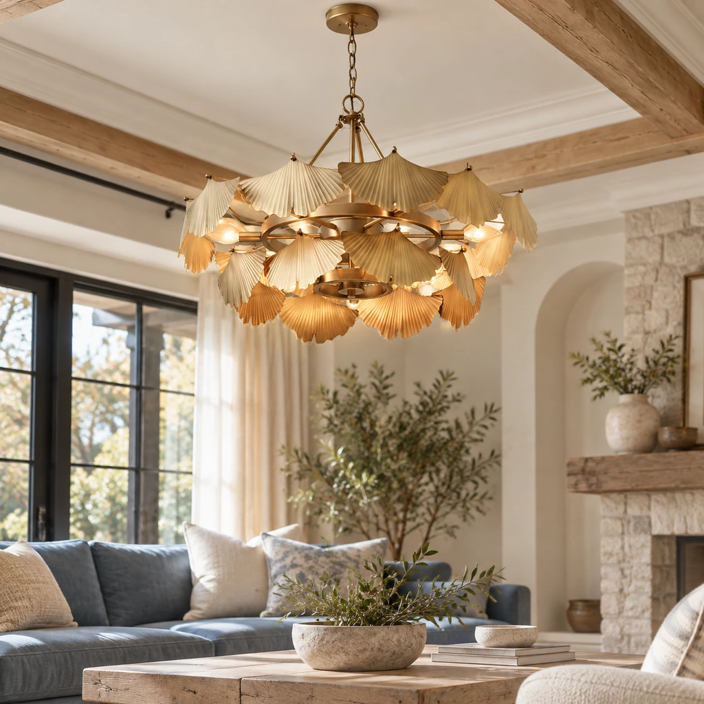 Lina ginkgo-leaf chandelier hanging in a bright living room