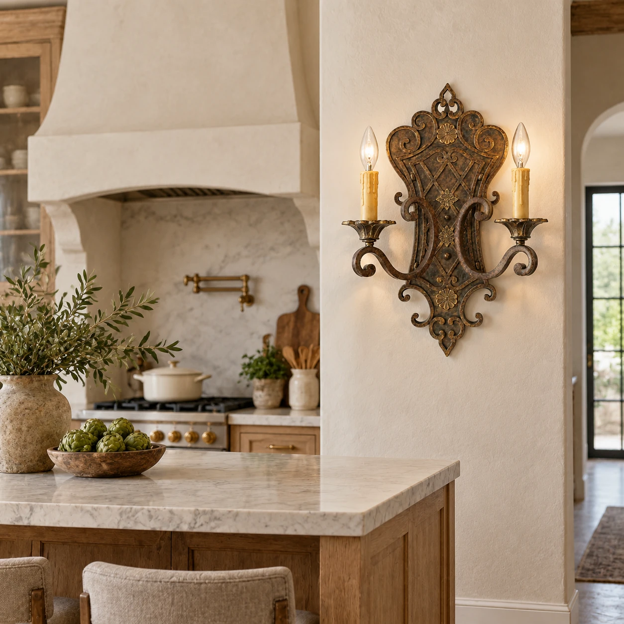 Elena French Decorative Iron Wall Sconce in a kitchen passage