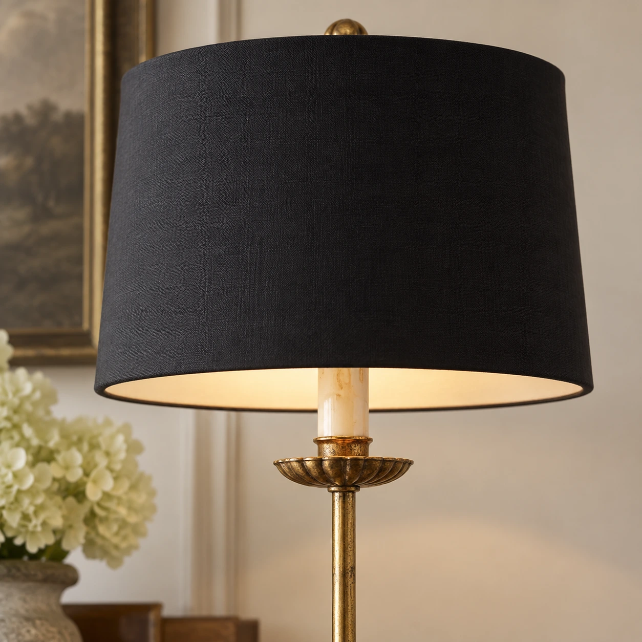 Fabric drum shade and antique-gold collar detail