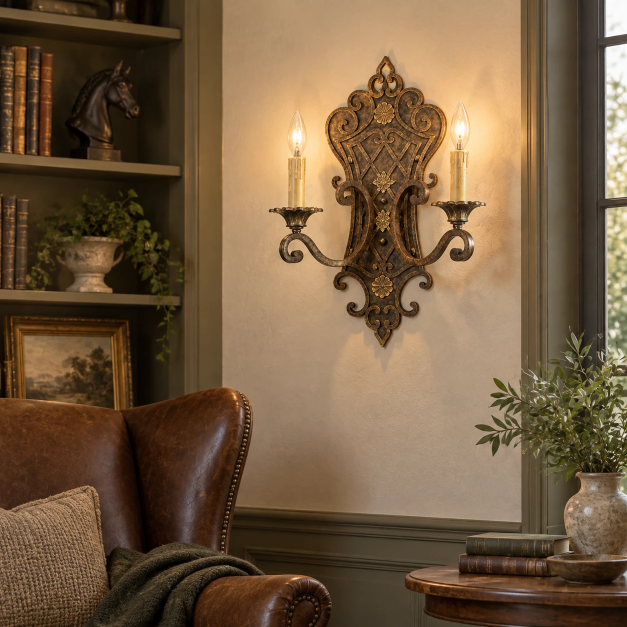 Elena French Decorative Iron Wall Sconce in a library lounge