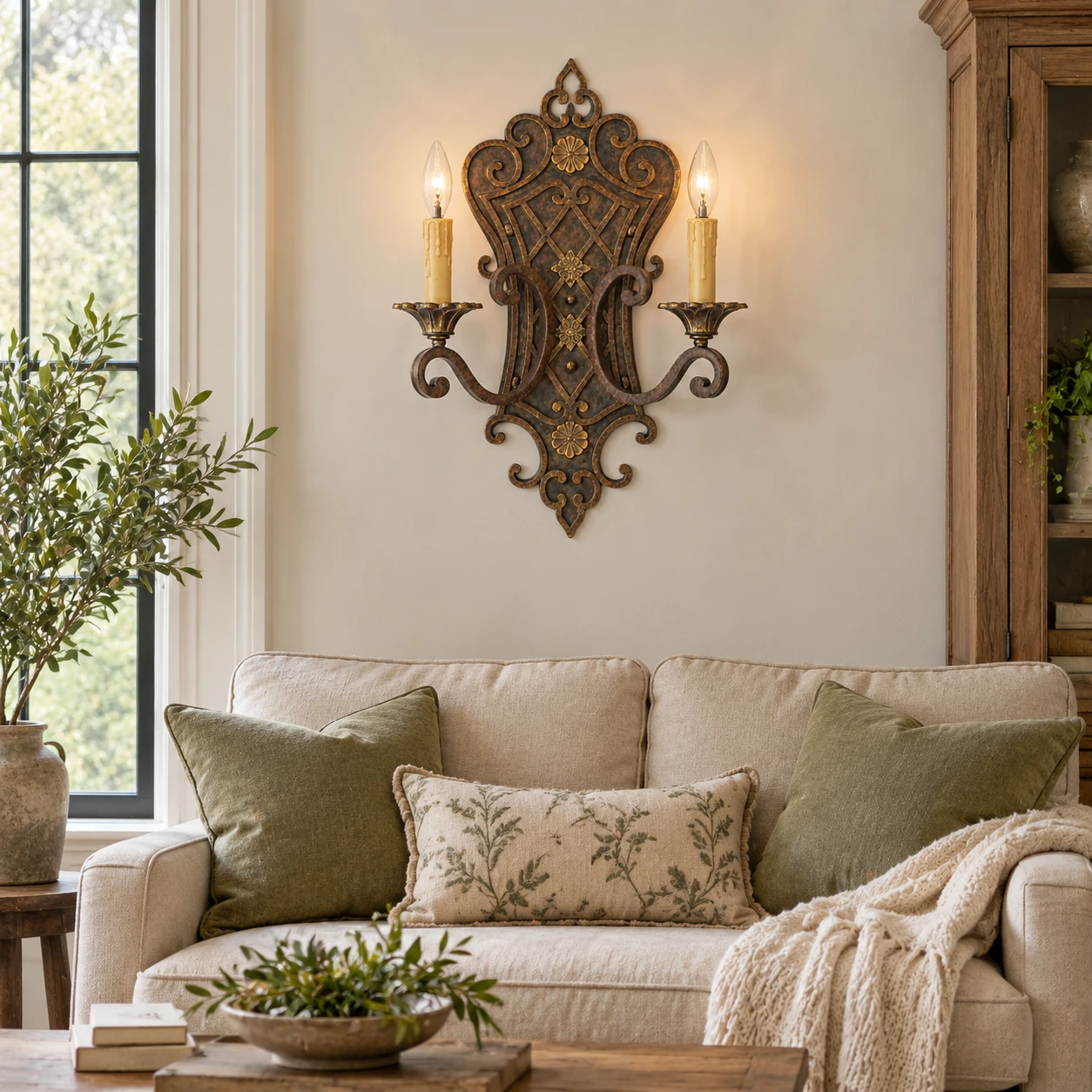 Elena French Decorative Iron Wall Sconce above a living room sofa