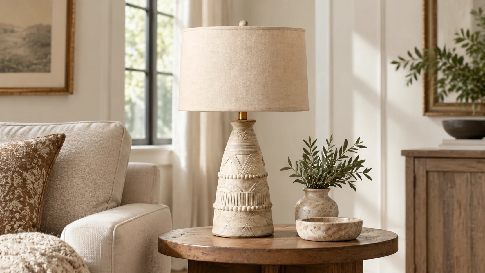 Carved wood table lamp on a round side table