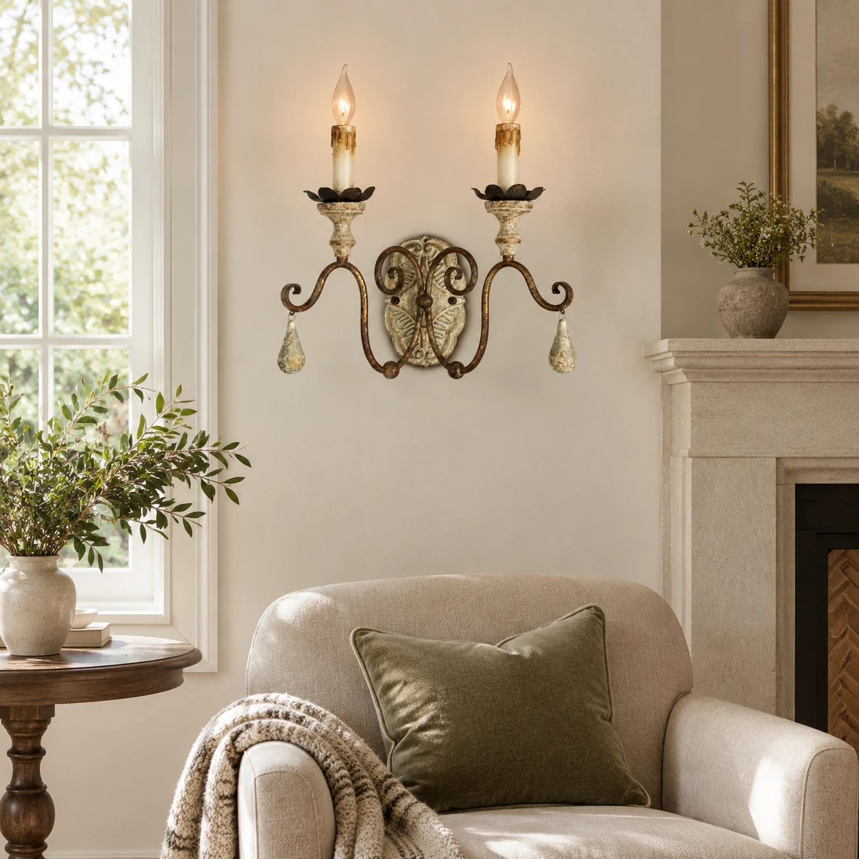 Two-light wall sconce installed beside a living-room chair
