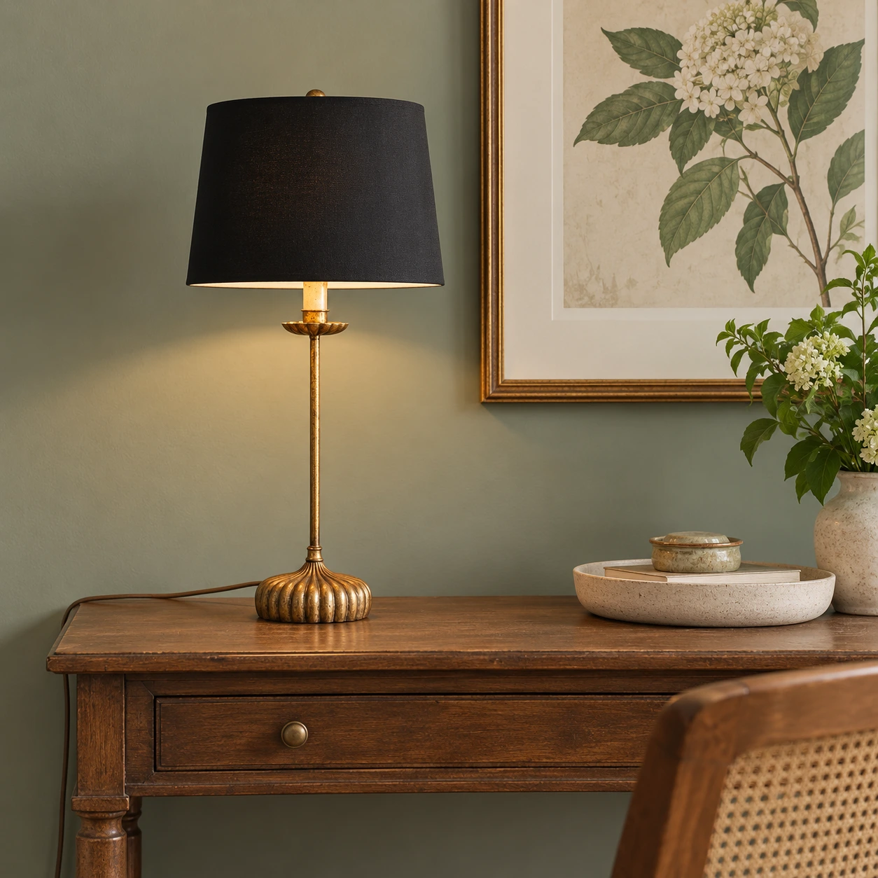 Black shade table lamp in a study