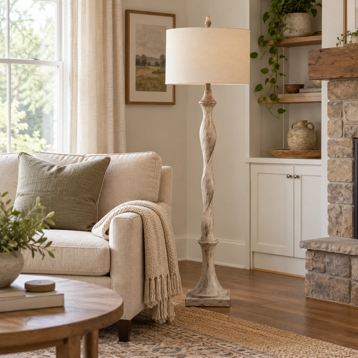 Mira floor lamp beside a sofa in a bright living room