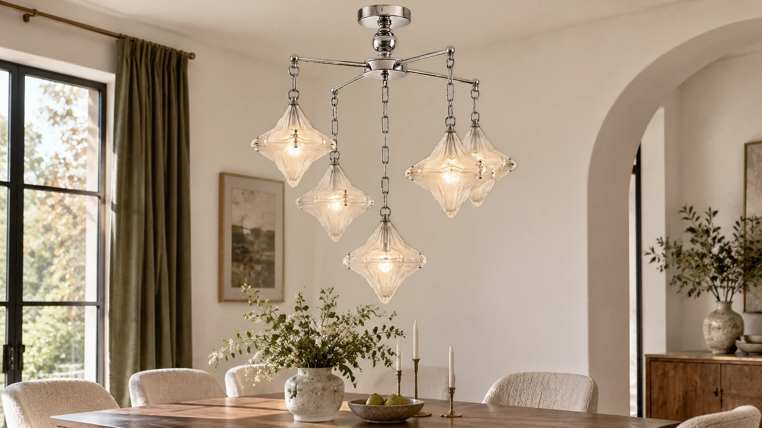 Lena Bauhaus Star Glass Alloy Chandelier above a bright dining table