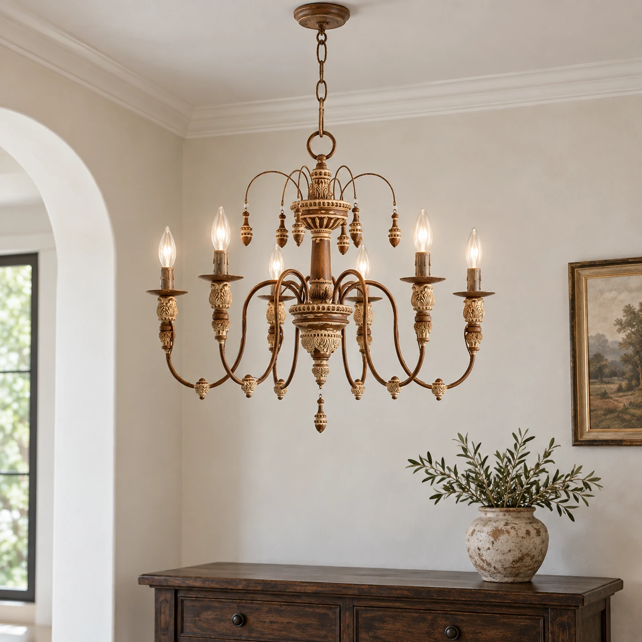 Antique copper carved chandelier scene
