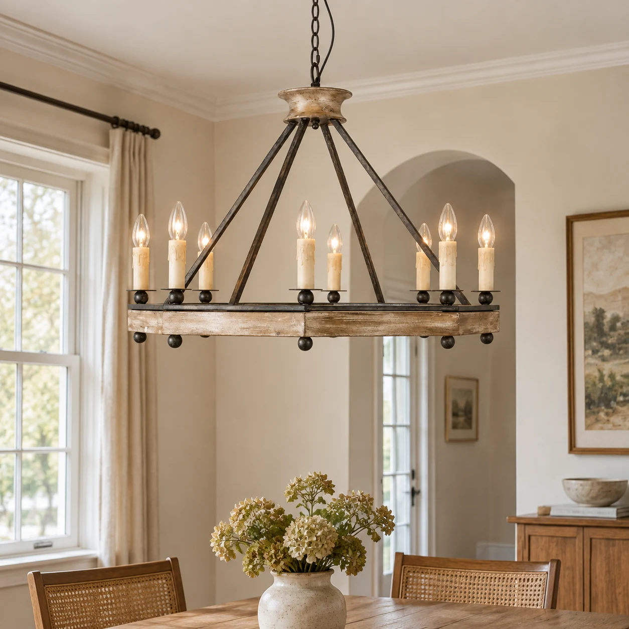 Adeline wood ring chandelier above a dining room