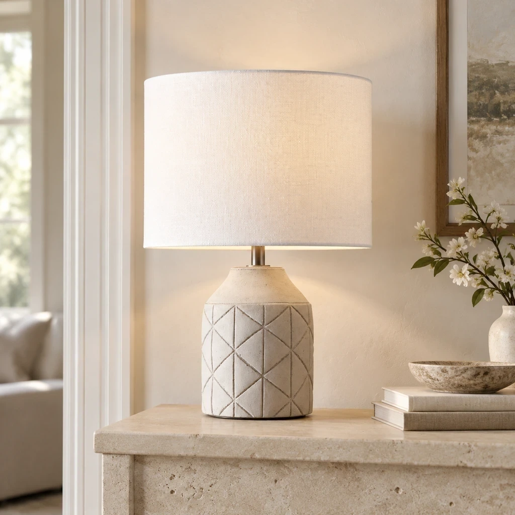 Merritt Geometric Carved Wood Table Lamp with White Drum Shade illuminated in a pale plaster living room