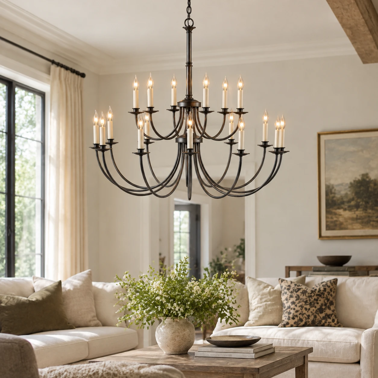 18-light iron chandelier in a residential living room
