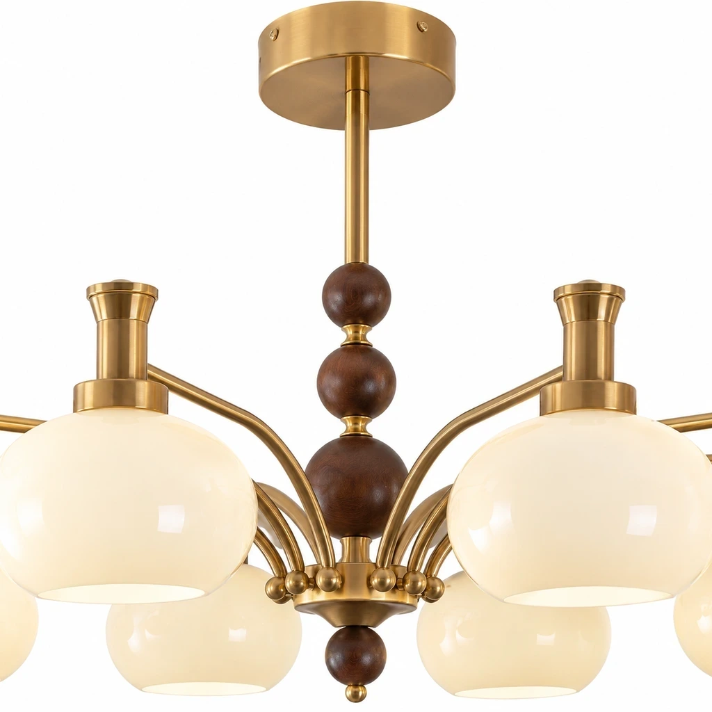 Close view of canopy, brass stem and stacked wood spheres