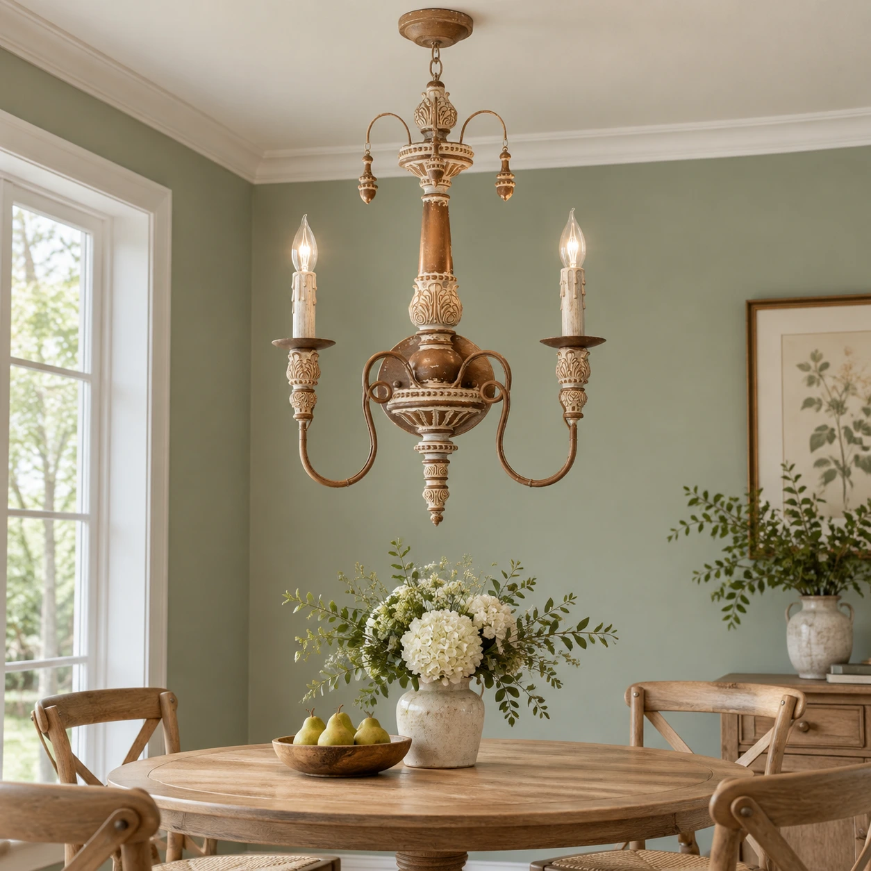 Two-light antique copper chandelier scene