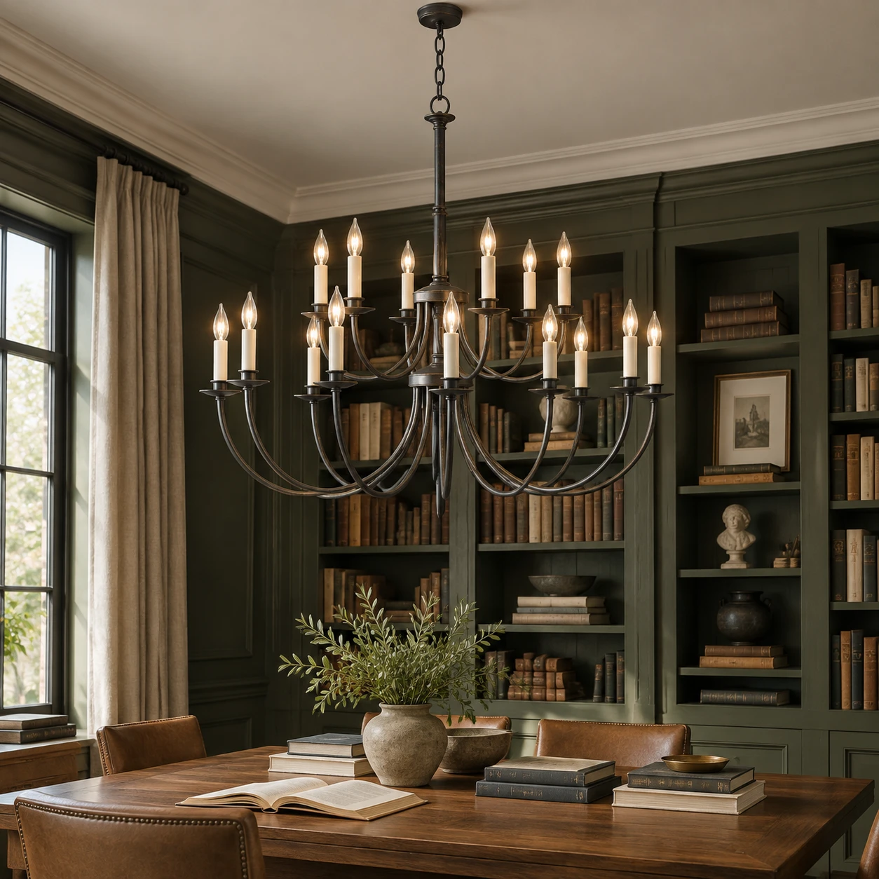 18-light iron chandelier in a home library dining setting