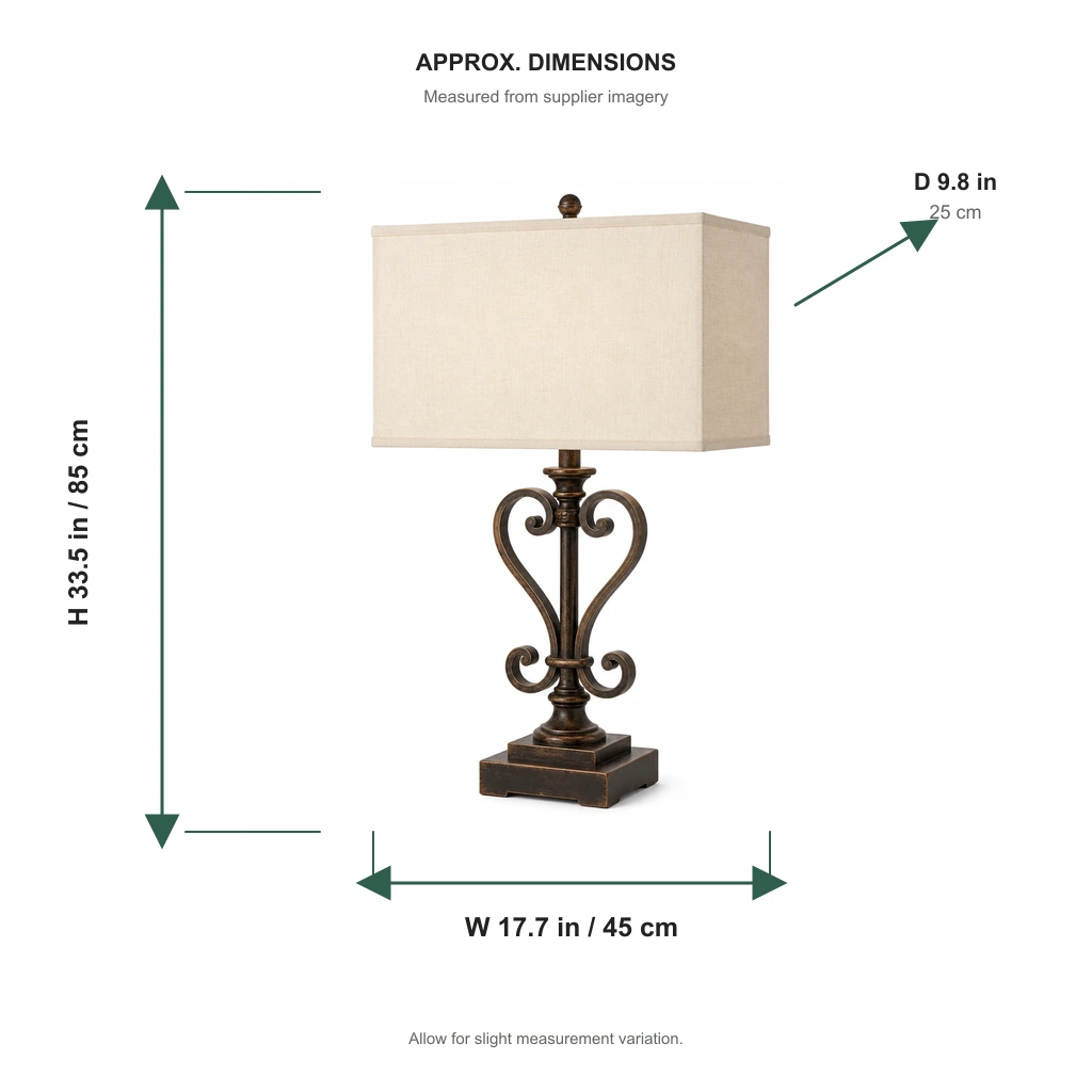Approximate Rothbury table lamp dimensions: 33.5 inches high, 17.7 inches wide and 9.8 inches deep