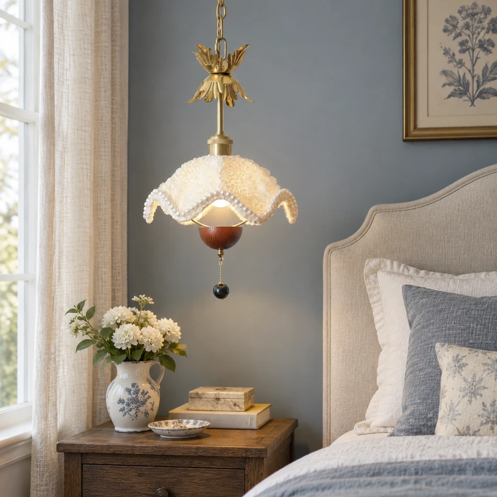 Sophie floral fabric pendant light in a bedroom setting