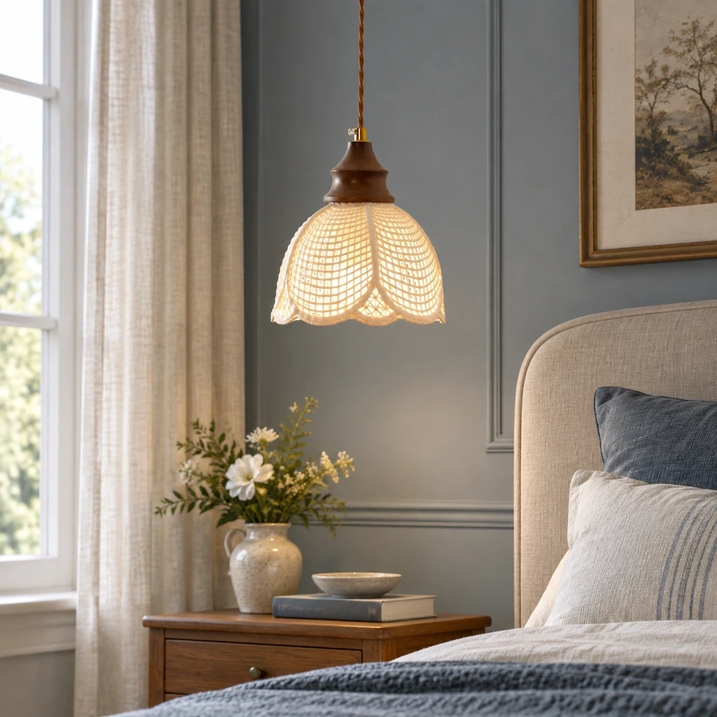Pendant light glowing beside a bed