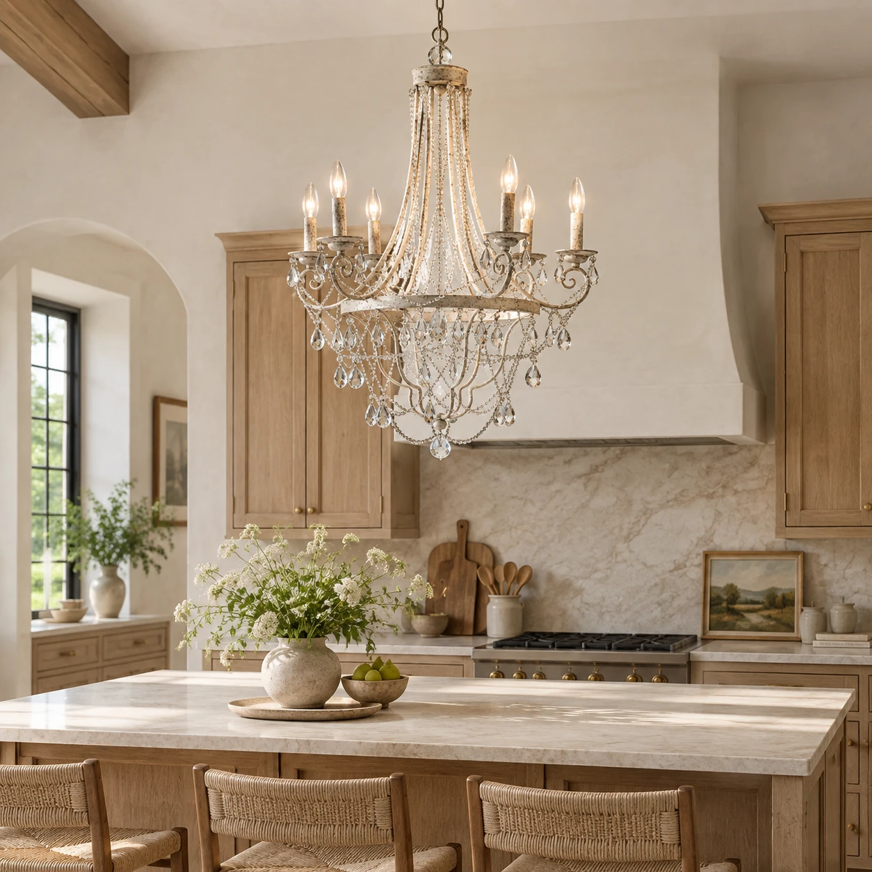 Maeve crystal iron chandelier in a residential kitchen and dining space
