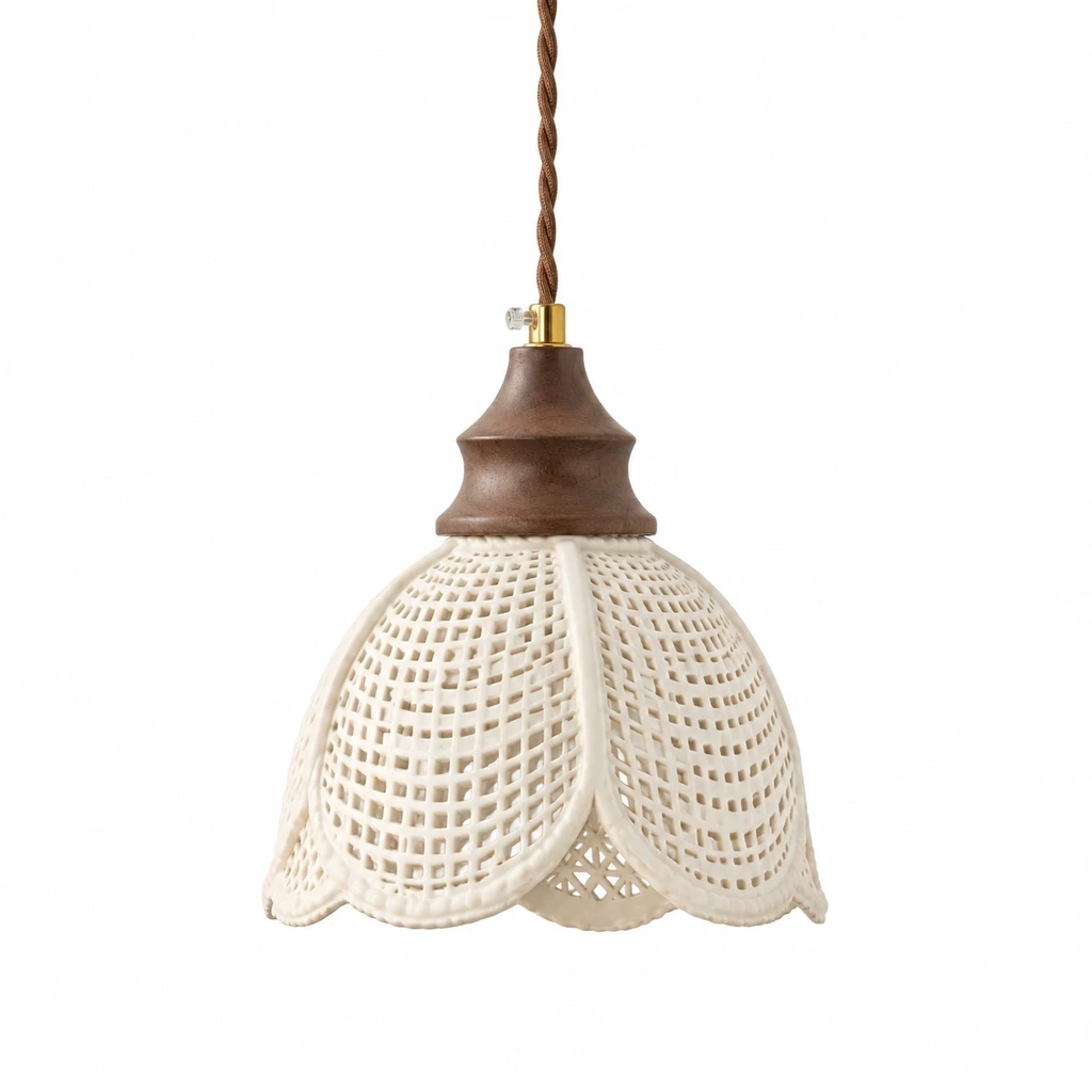 Close view of the ivory ceramic shade and wood neck