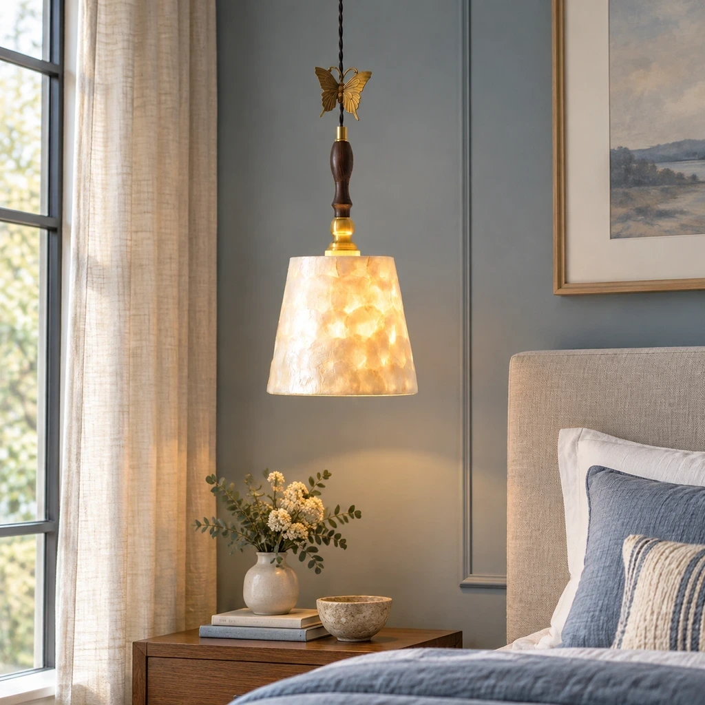 Elena vintage shell pendant light above a dining table