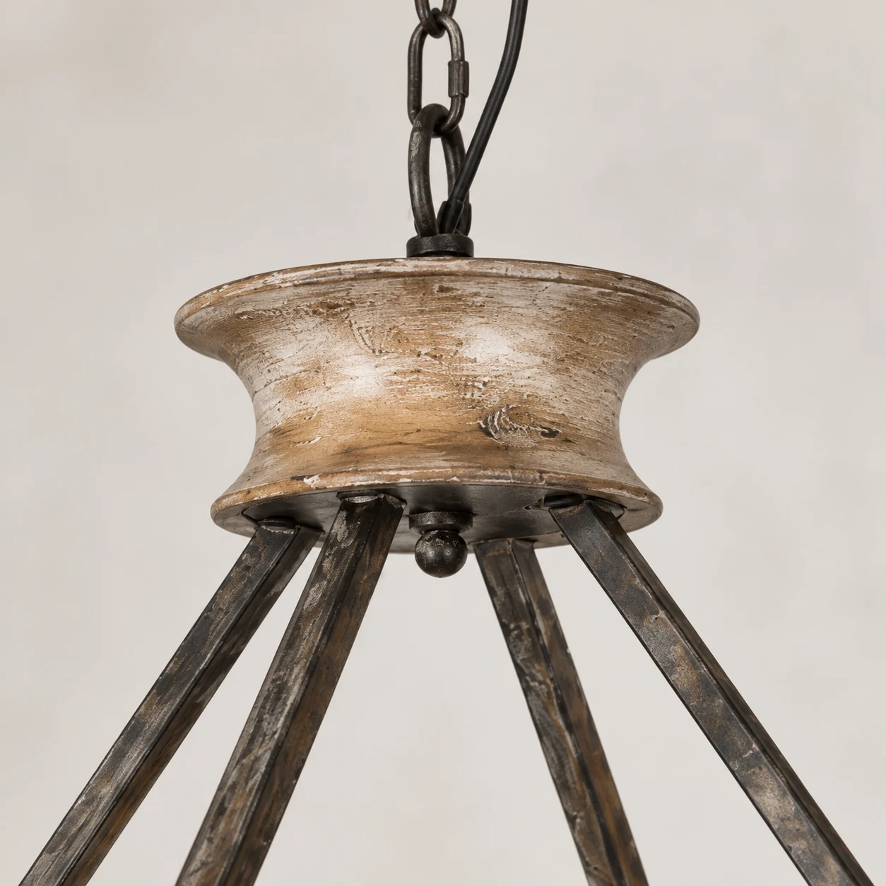 Wood upper joint, iron rods and chain detail