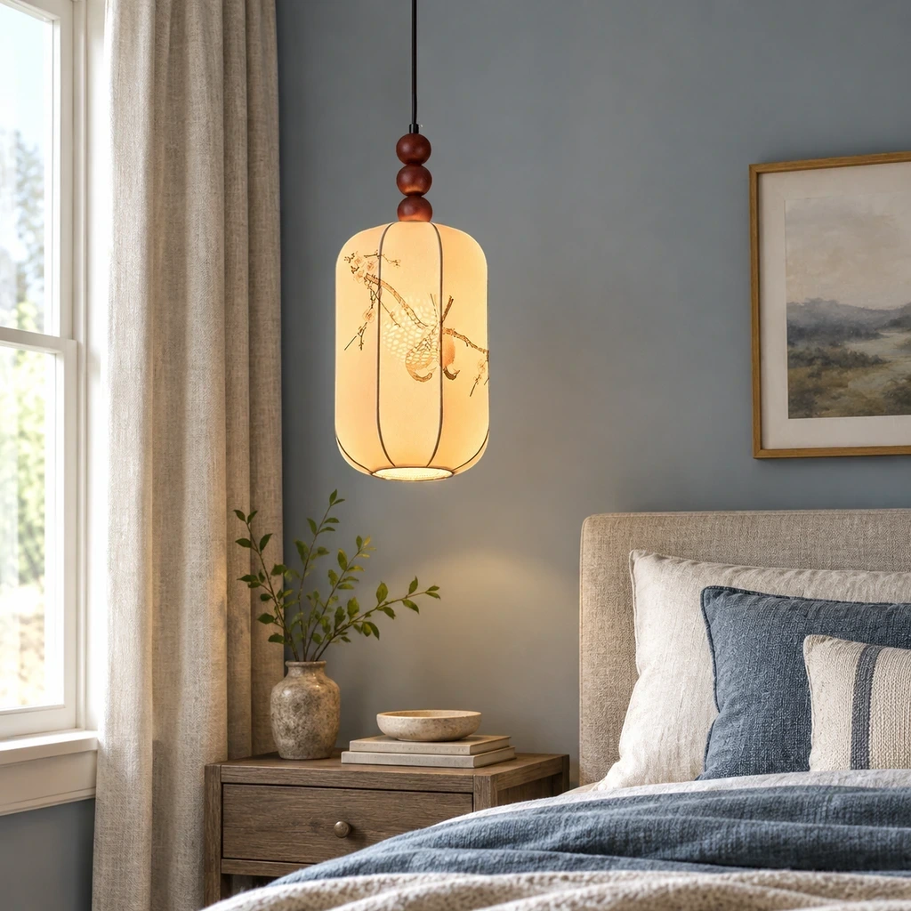 Avery fabric pendant light beside a bedroom seating area