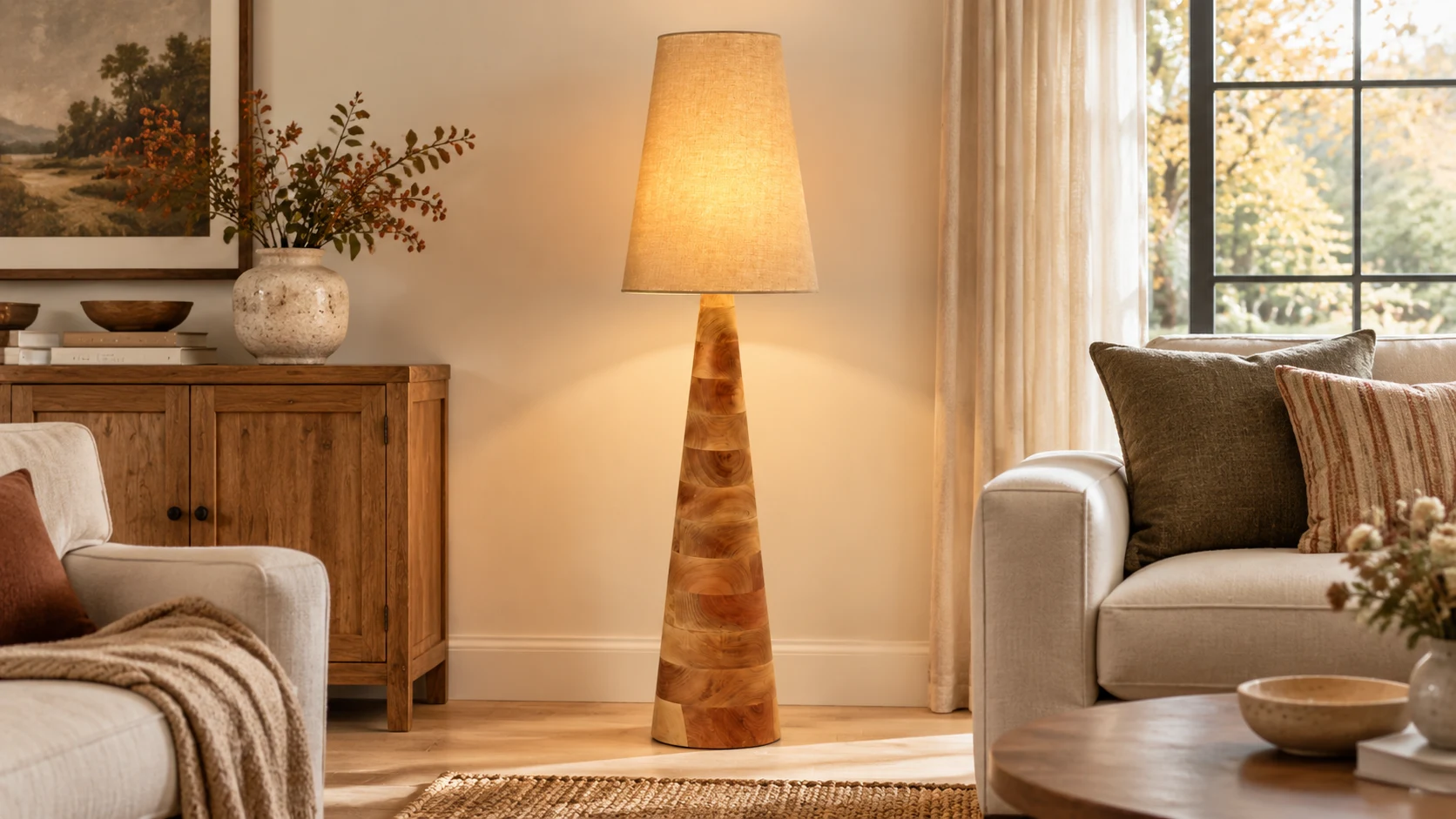 Elodie carved wood floor lamp in a living room