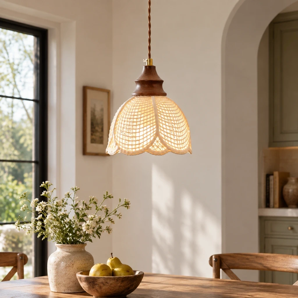 Floral ceramic pendant light above a dining table
