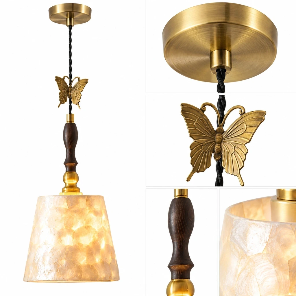 Brass butterfly, dark wood stem, and shell shade