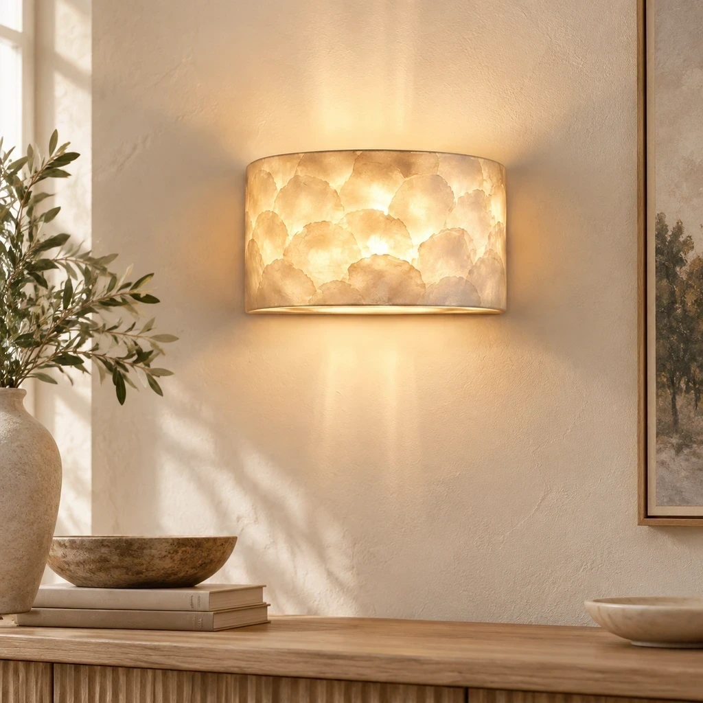 Odette Vintage Layered Shell Iron Wall Sconce in a close-medium room scene