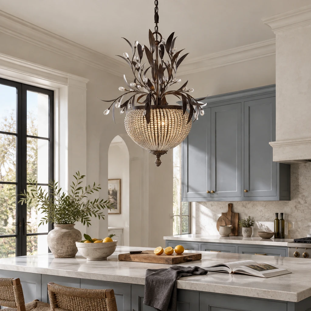 Celeste chandelier above a lived-in pale-limestone kitchen island