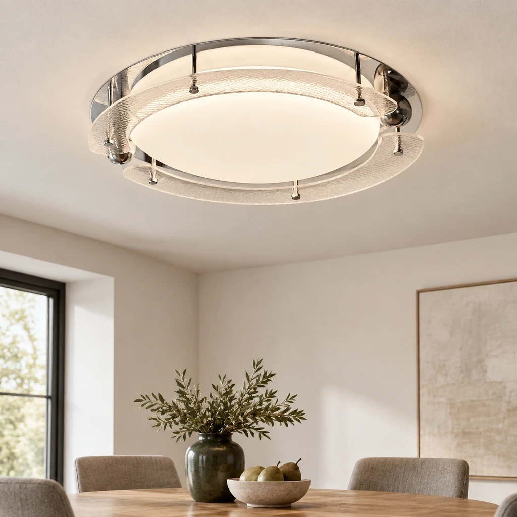 Iris Bauhaus Orbital Acrylic Alloy Flush Mount in a bright dining room