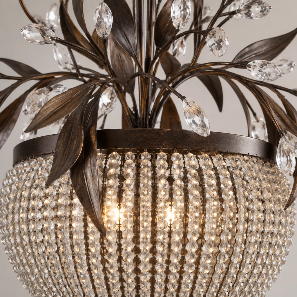 Close detail of the Celeste transparent crystal-bead basket and dark rim