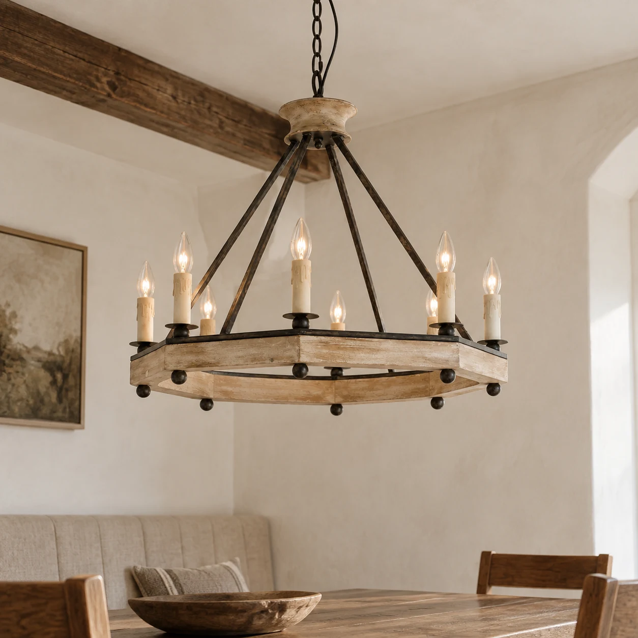 Oblique view of Adeline chandelier in an alcove