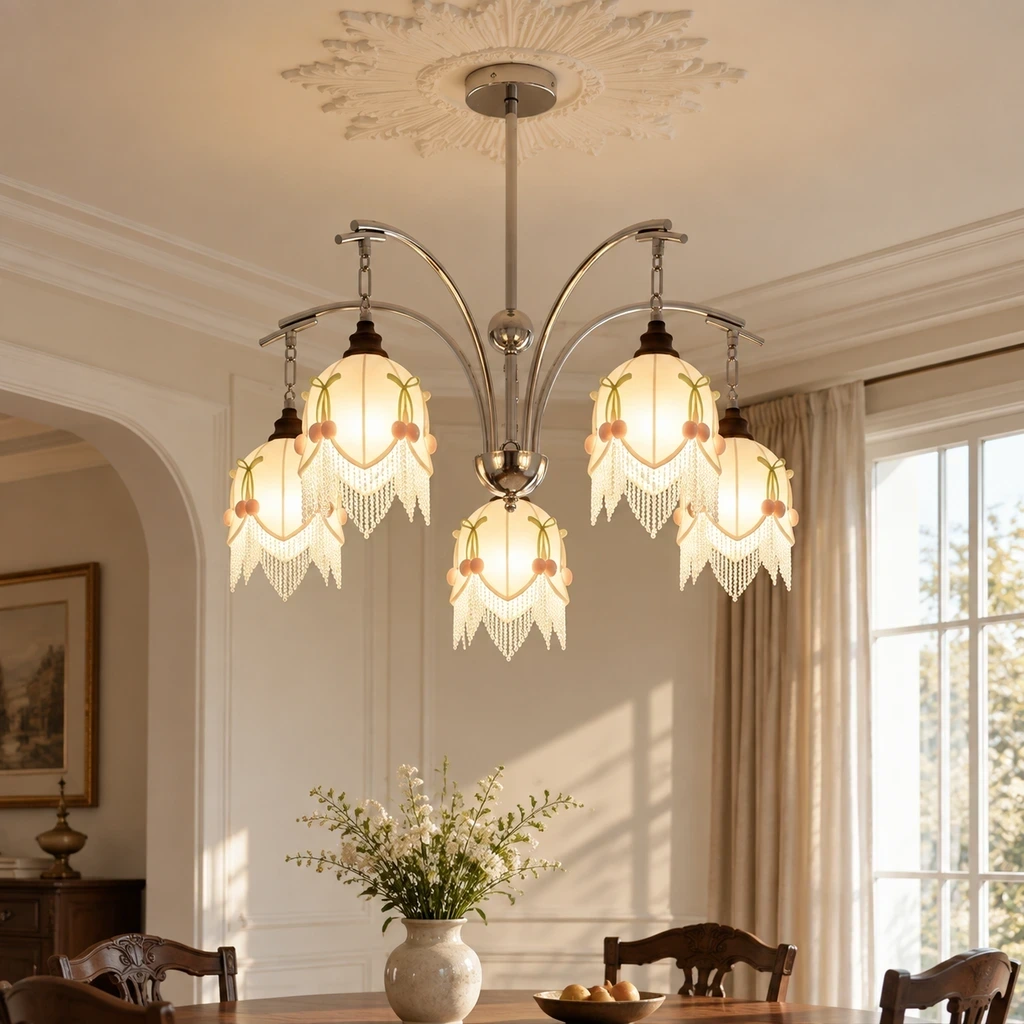 Lucia fabric chandelier in a bright living interior