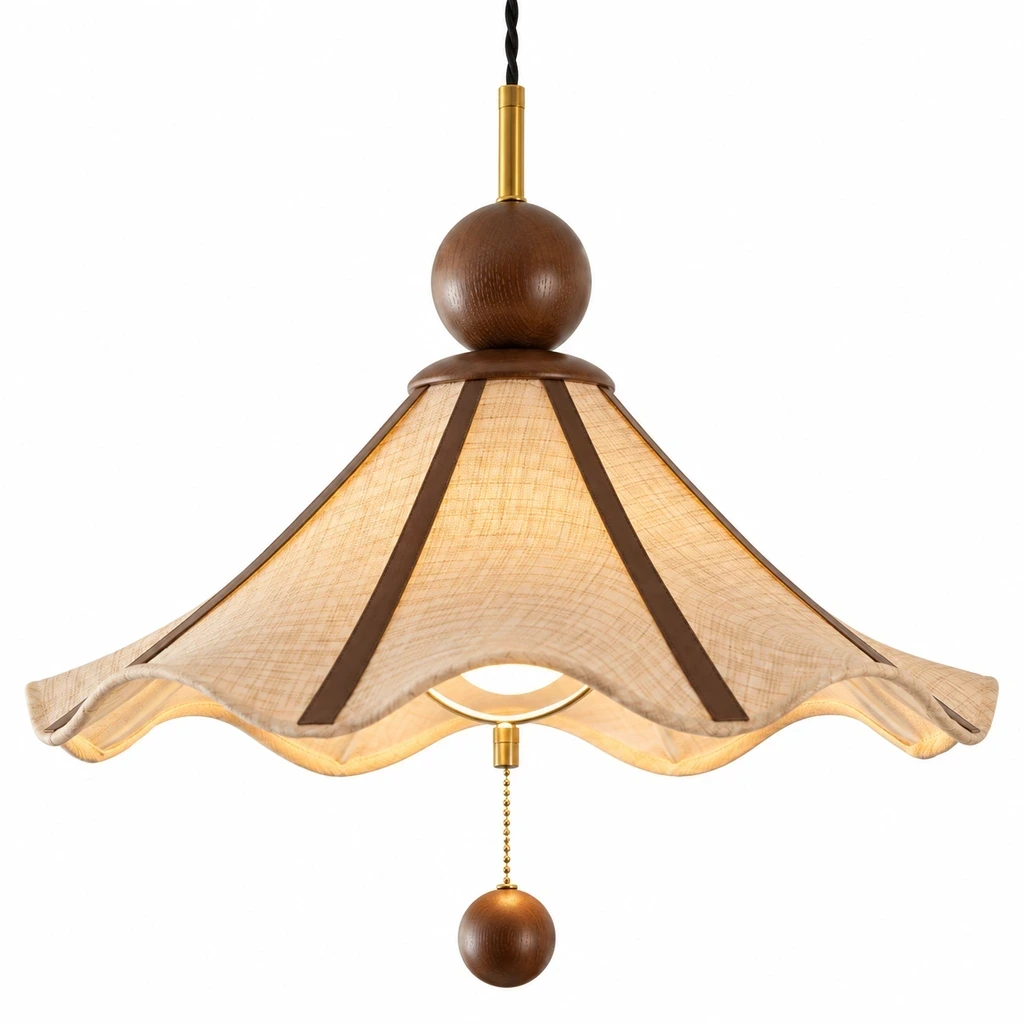 Close front view of the fabric scalloped shade and wood ribs