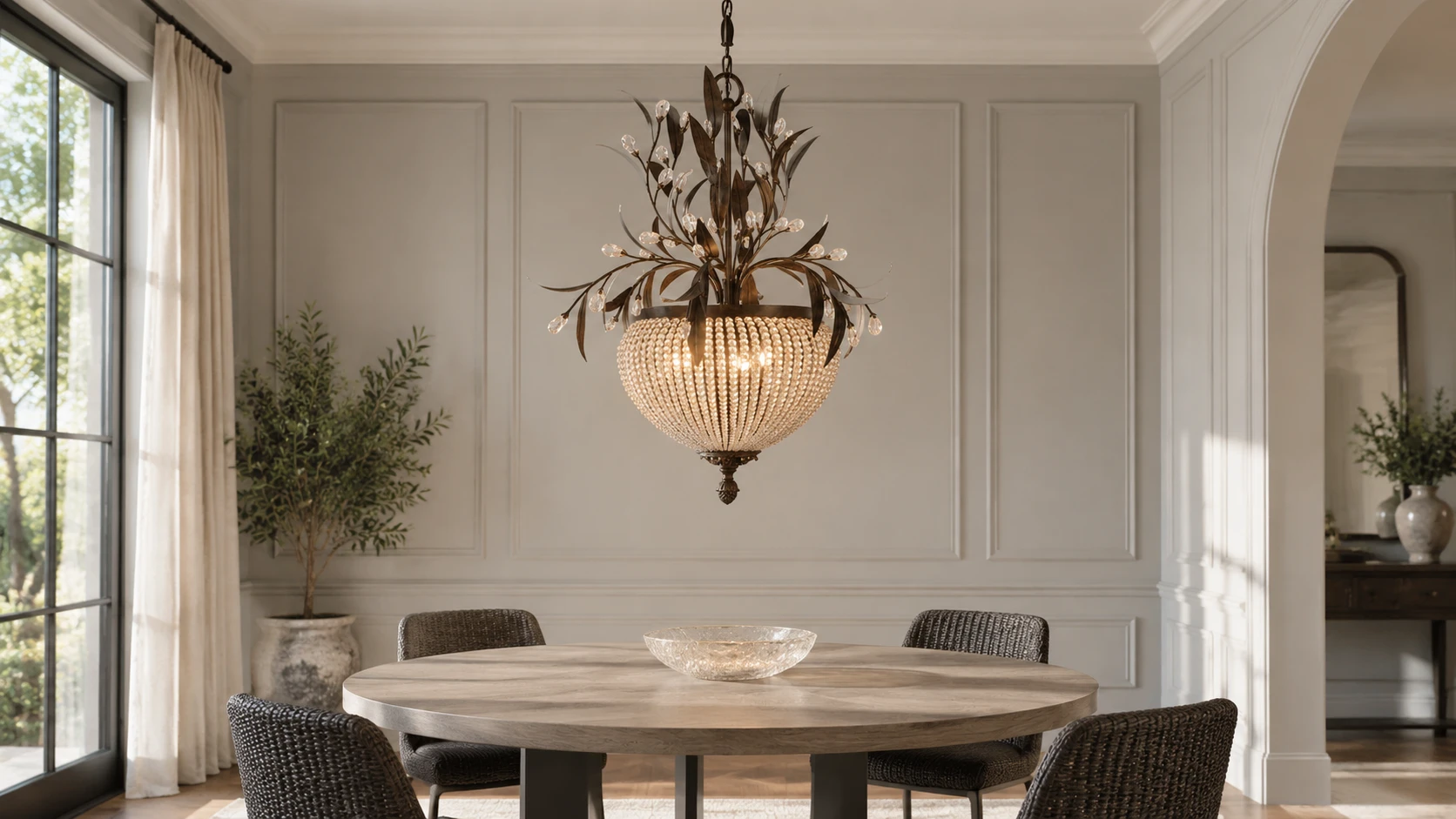 Celeste leaf and crystal chandelier above a round gray-oak dining table in a restrained French-transitional room