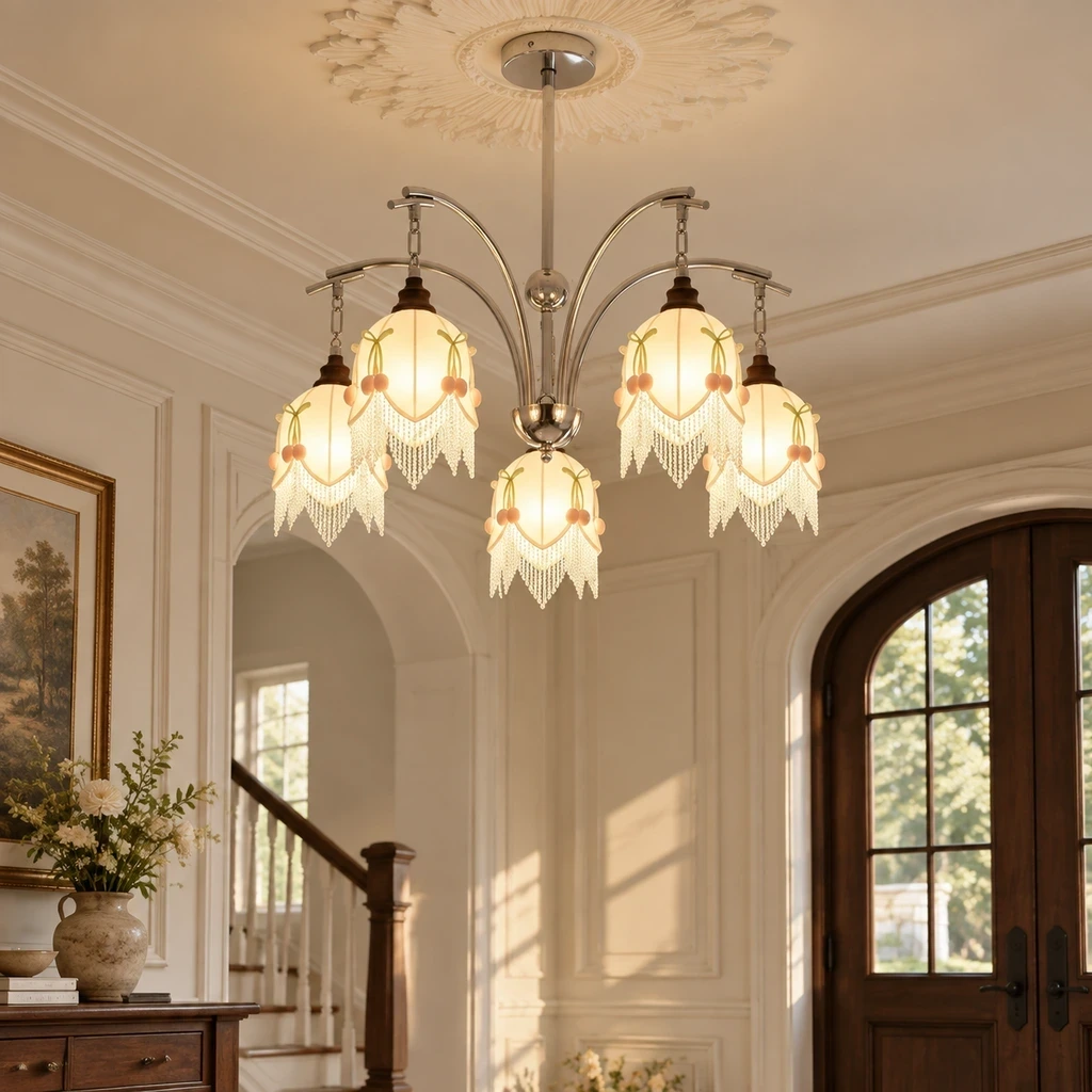 Lucia fabric chandelier in an entry setting