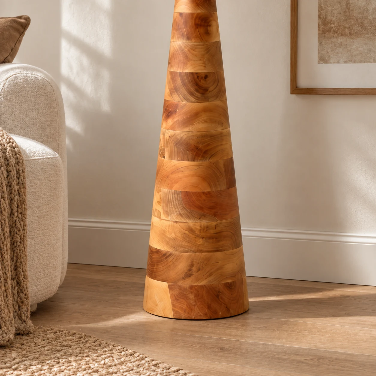 Close view of the tapering carved wood base